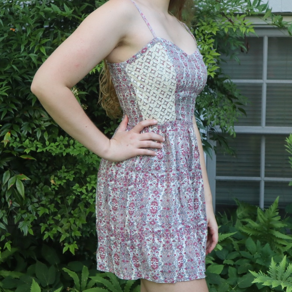 Patterned Pink and White Dress with Lace